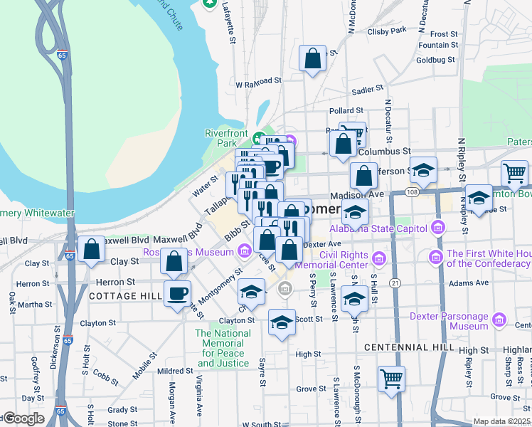 map of restaurants, bars, coffee shops, grocery stores, and more near 74 Commerce Street in Montgomery