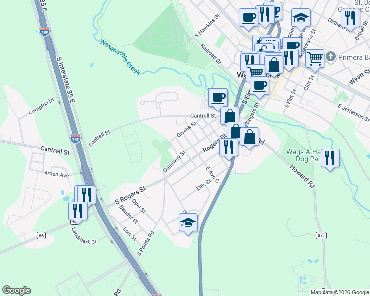 map of restaurants, bars, coffee shops, grocery stores, and more near 806 Dunaway Street in Waxahachie