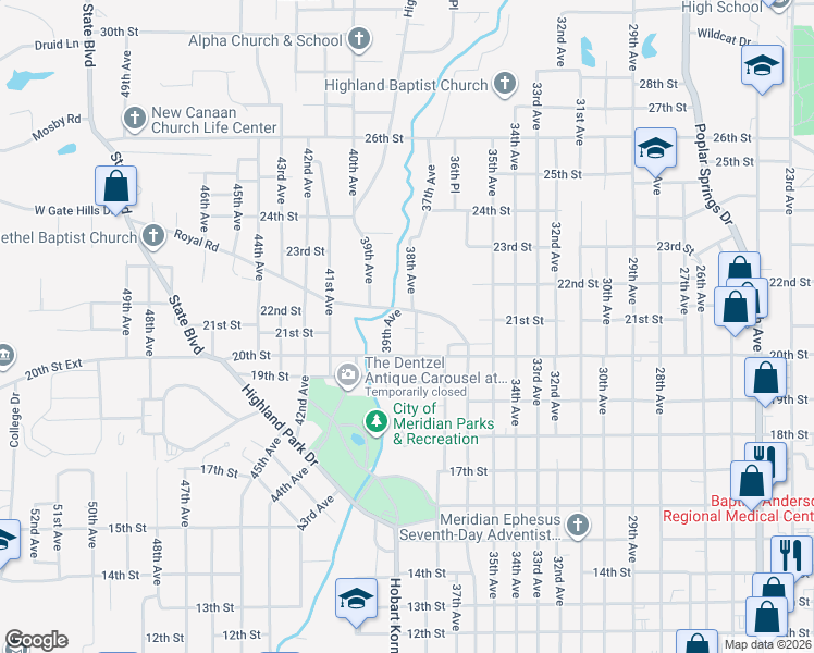 map of restaurants, bars, coffee shops, grocery stores, and more near 2026 38th Avenue in Meridian