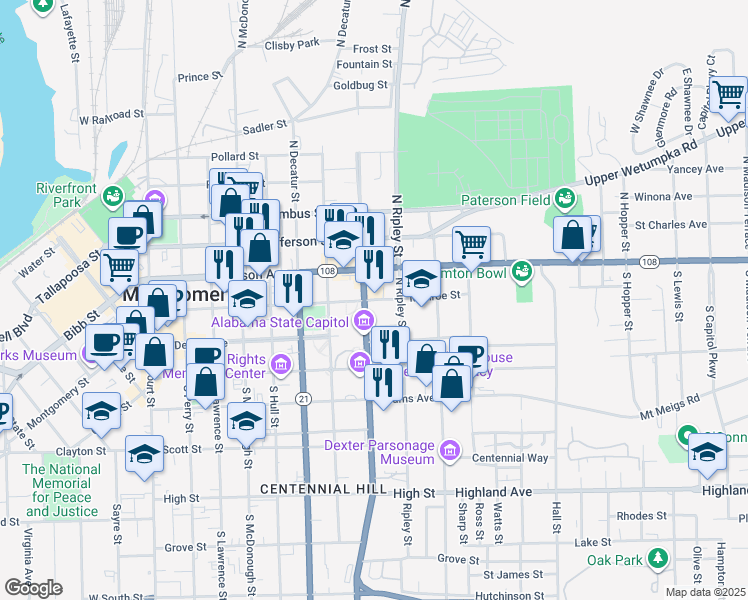 map of restaurants, bars, coffee shops, grocery stores, and more near 725 Monroe Street in Montgomery