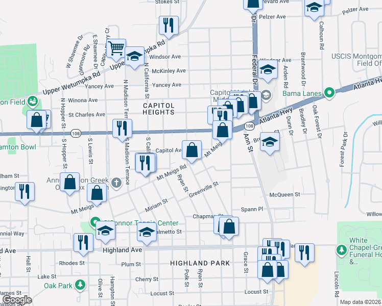 map of restaurants, bars, coffee shops, grocery stores, and more near 2106 Capitol Avenue in Montgomery