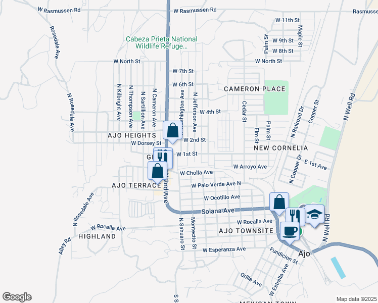 map of restaurants, bars, coffee shops, grocery stores, and more near 810 West 1st Street in Ajo
