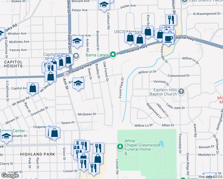 map of restaurants, bars, coffee shops, grocery stores, and more near 121 Oak Forest Dr in Montgomery