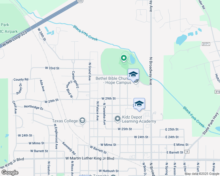 map of restaurants, bars, coffee shops, grocery stores, and more near 2908 North Glass Avenue in Tyler