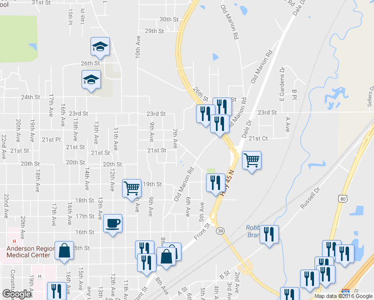 map of restaurants, bars, coffee shops, grocery stores, and more near 410 21st St in Meridian
