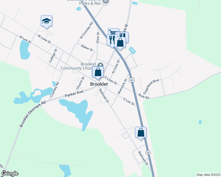 map of restaurants, bars, coffee shops, grocery stores, and more near 205 East Lee Street in Brooklet