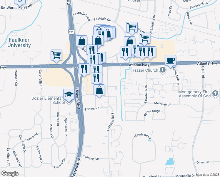 map of restaurants, bars, coffee shops, grocery stores, and more near 185 Eastdale Road South in Montgomery