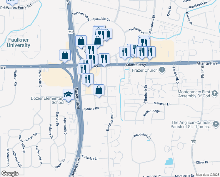 map of restaurants, bars, coffee shops, grocery stores, and more near 185 Eastdale Road South in Montgomery