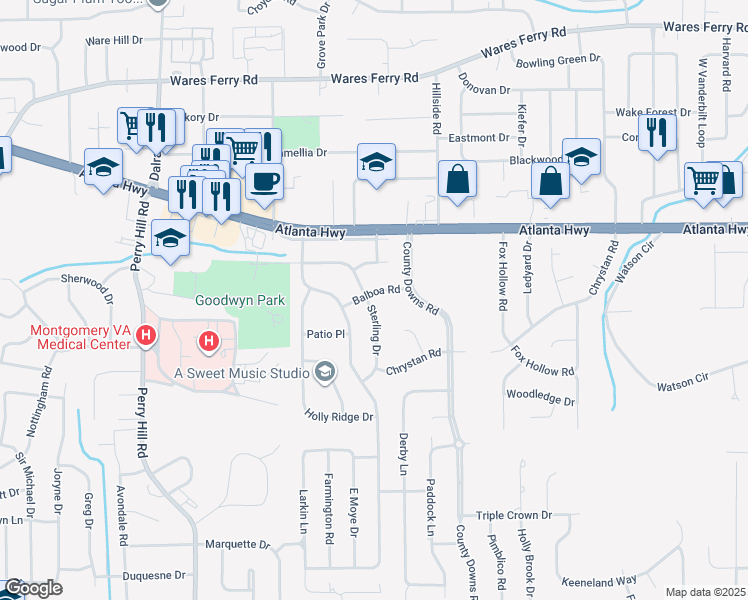 map of restaurants, bars, coffee shops, grocery stores, and more near 305 Sterling Drive in Montgomery