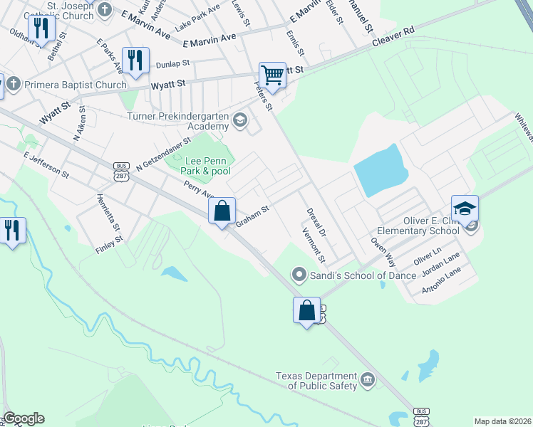 map of restaurants, bars, coffee shops, grocery stores, and more near 1500 Brackens Street in Waxahachie