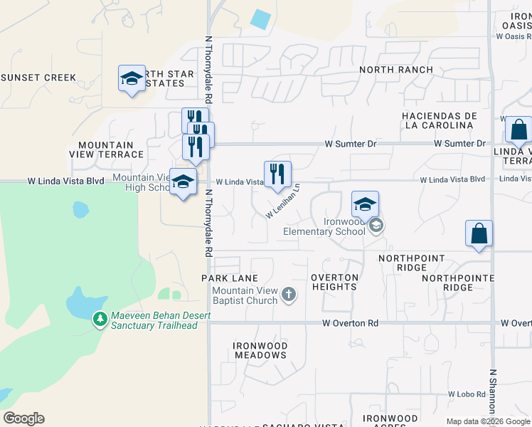 map of restaurants, bars, coffee shops, grocery stores, and more near 9508 North Flynn Way in Tucson