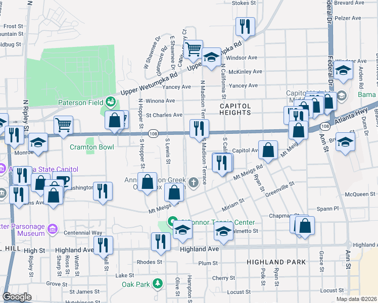 map of restaurants, bars, coffee shops, grocery stores, and more near 37 South Capitol Parkway in Montgomery
