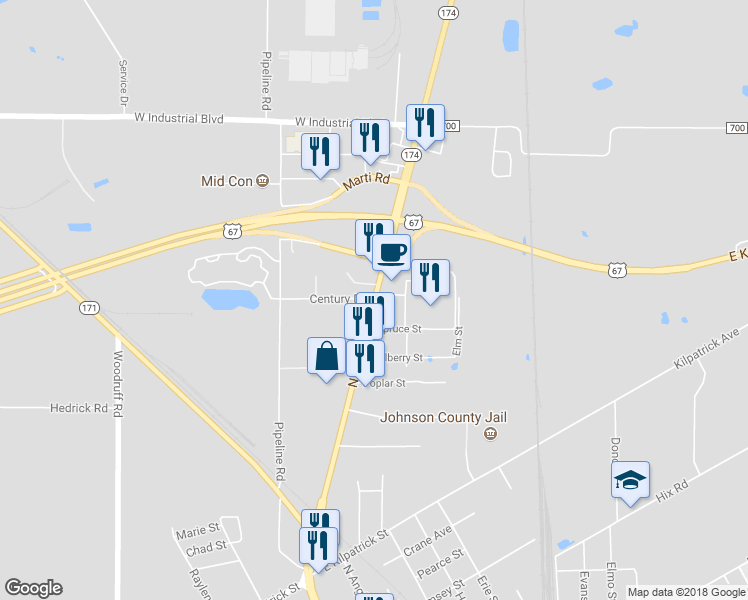 map of restaurants, bars, coffee shops, grocery stores, and more near 2113 North Main Street in Cleburne