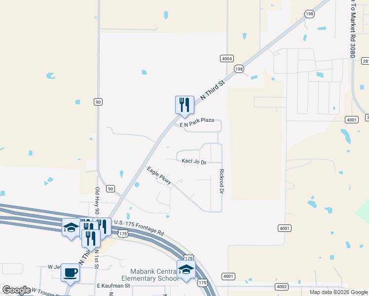 map of restaurants, bars, coffee shops, grocery stores, and more near 419 Kaci Jo Drive in Mabank