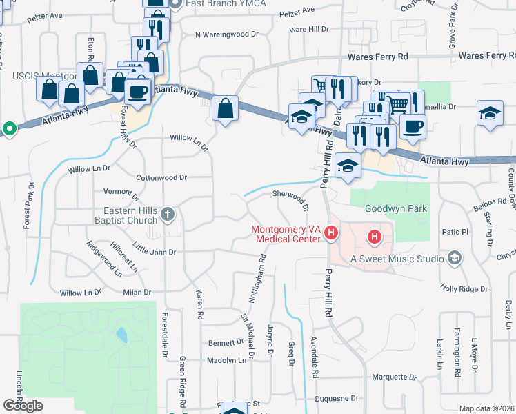 map of restaurants, bars, coffee shops, grocery stores, and more near 168 Nottingham Court in Montgomery