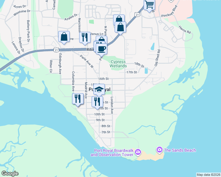 map of restaurants, bars, coffee shops, grocery stores, and more near 904 14th St in Port Royal