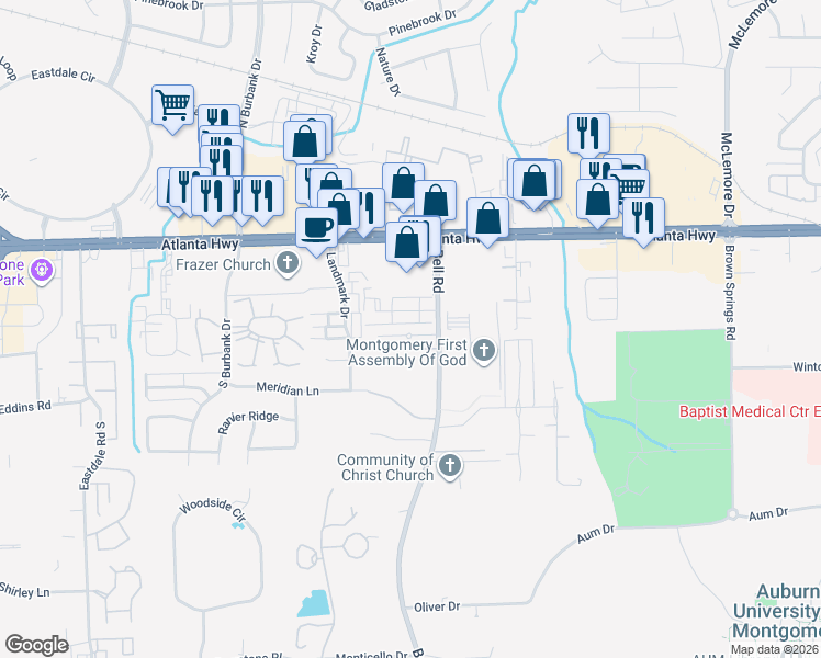 map of restaurants, bars, coffee shops, grocery stores, and more near 6128 Bell Road Manor in Montgomery