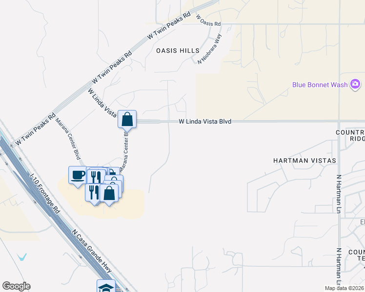 map of restaurants, bars, coffee shops, grocery stores, and more near 6093 West Linda Vista Boulevard in Tucson