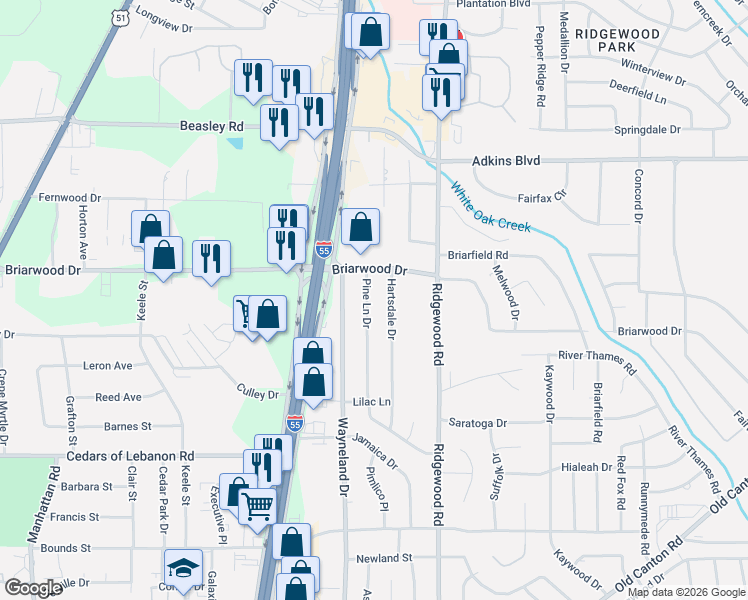 map of restaurants, bars, coffee shops, grocery stores, and more near 5535 Hartsdale Drive in Jackson