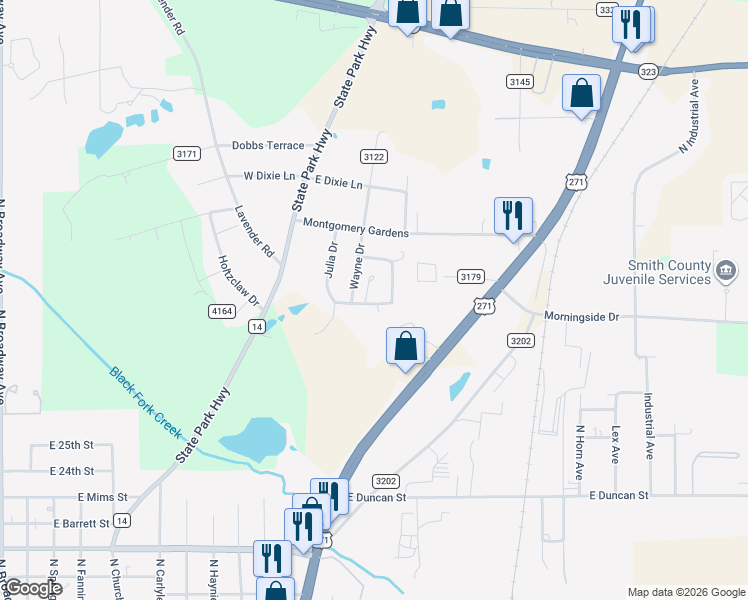 map of restaurants, bars, coffee shops, grocery stores, and more near 771 Linda Avenue in Tyler