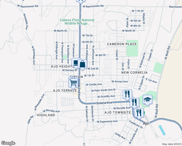 map of restaurants, bars, coffee shops, grocery stores, and more near 810 West 1st Street in Ajo
