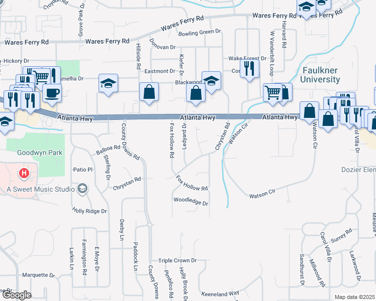 map of restaurants, bars, coffee shops, grocery stores, and more near 4619 Chrystan Road in Montgomery