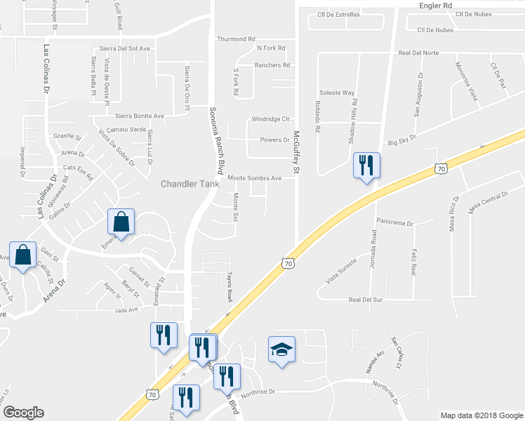 map of restaurants, bars, coffee shops, grocery stores, and more near 5431 Sombra Azul Street in Las Cruces