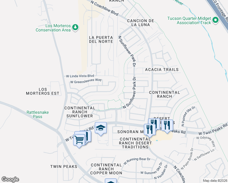 map of restaurants, bars, coffee shops, grocery stores, and more near 9524 North Twinkling Shadows Way in Tucson