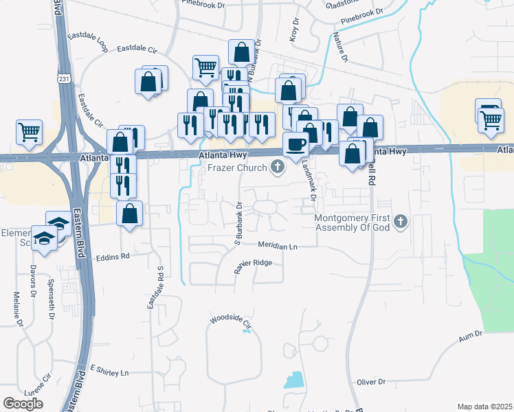 map of restaurants, bars, coffee shops, grocery stores, and more near 83 South Burbank Drive in Montgomery