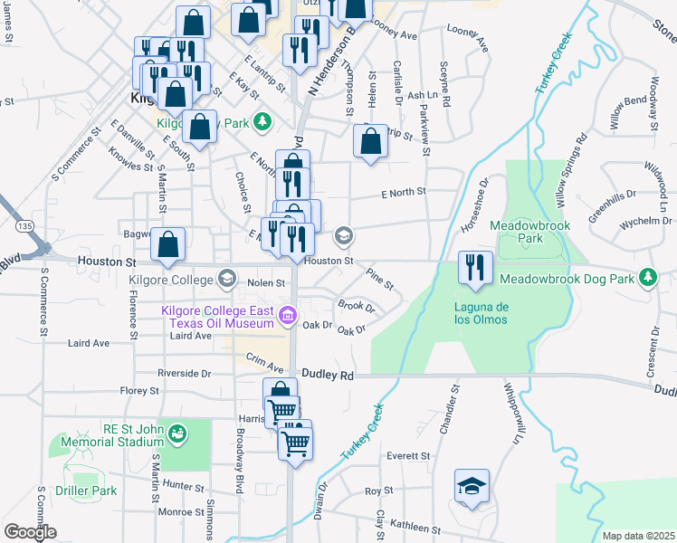 map of restaurants, bars, coffee shops, grocery stores, and more near 1107 Brook Drive in Kilgore