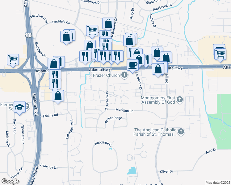 map of restaurants, bars, coffee shops, grocery stores, and more near 101 South Burbank Drive in Montgomery