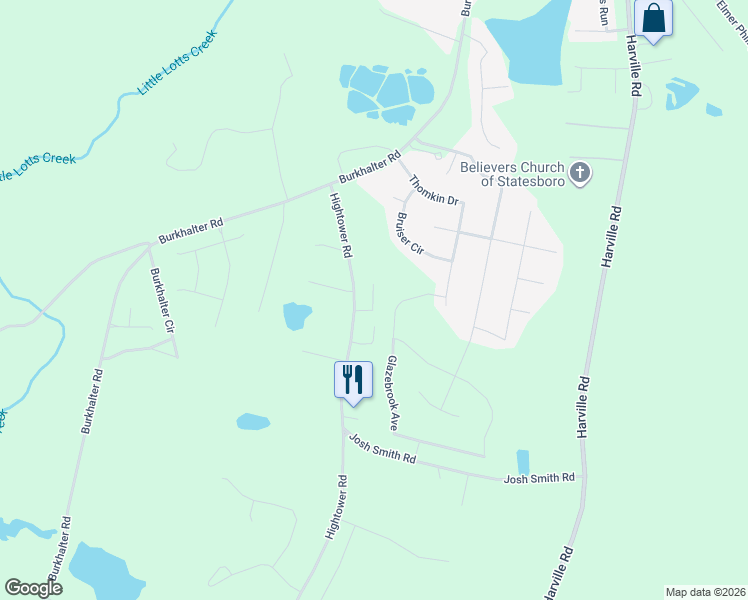 map of restaurants, bars, coffee shops, grocery stores, and more near 1924A Hightower Road in Statesboro