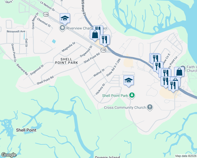 map of restaurants, bars, coffee shops, grocery stores, and more near 3006 State Road S-7-286 in Beaufort