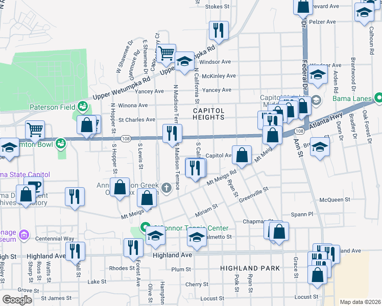 map of restaurants, bars, coffee shops, grocery stores, and more near 1840 Capitol Avenue in Montgomery