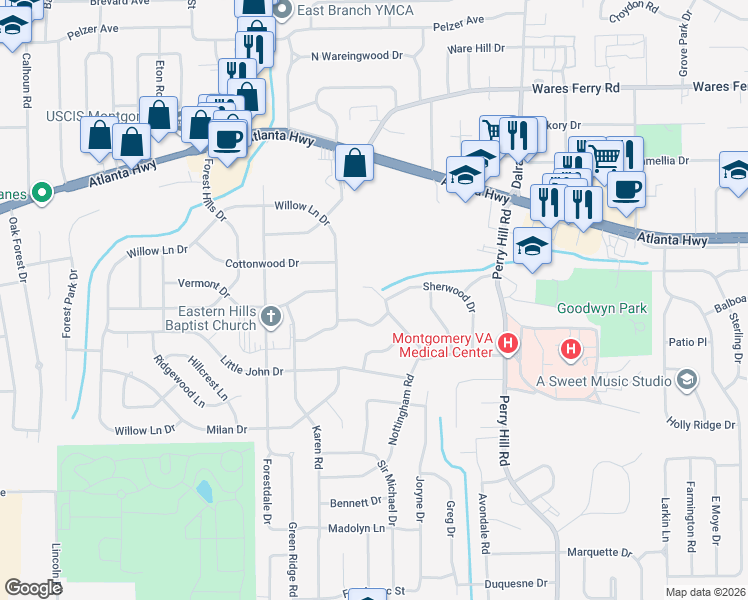 map of restaurants, bars, coffee shops, grocery stores, and more near 168 Nottingham Court in Montgomery