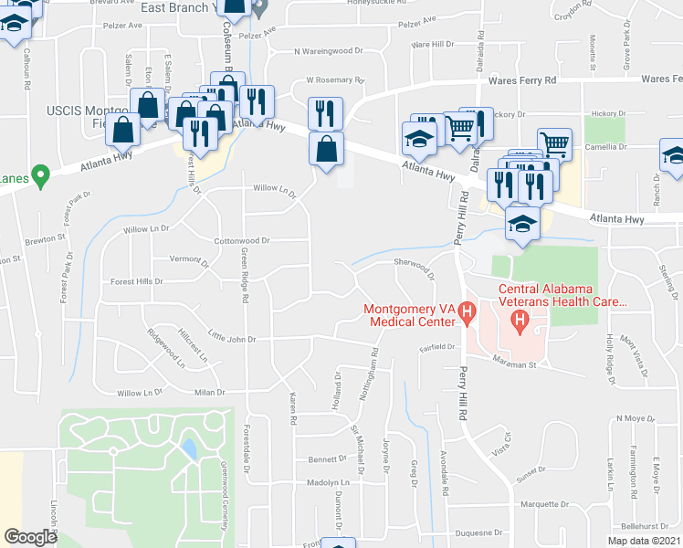 map of restaurants, bars, coffee shops, grocery stores, and more near 168 Nottingham Court in Montgomery
