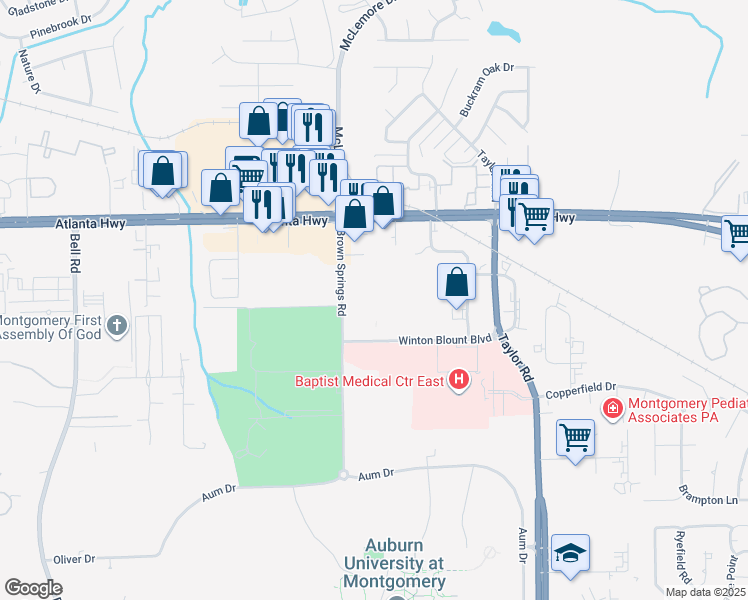 map of restaurants, bars, coffee shops, grocery stores, and more near 6701 Winton Blount Boulevard in Montgomery