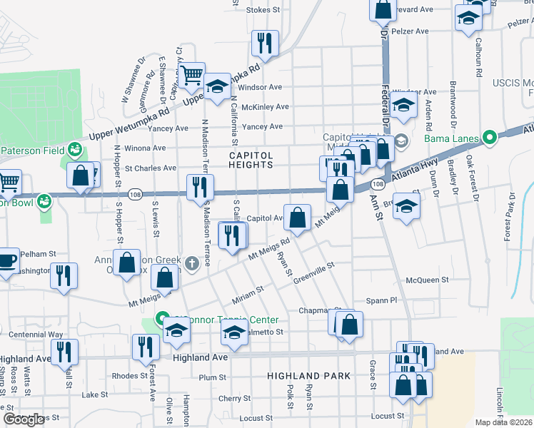 map of restaurants, bars, coffee shops, grocery stores, and more near 2013 Capitol Avenue in Montgomery
