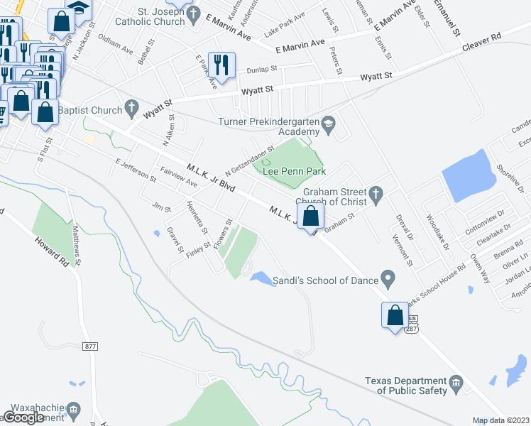 map of restaurants, bars, coffee shops, grocery stores, and more near 1120 Martin Luther King Junior Boulevard in Waxahachie