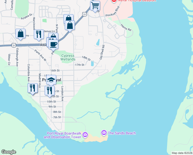 map of restaurants, bars, coffee shops, grocery stores, and more near 1 Lottery Lane in Port Royal
