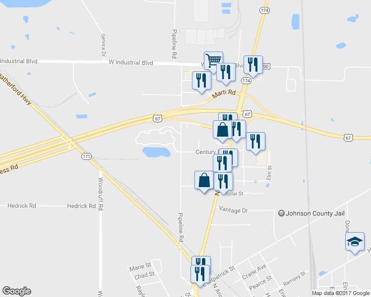 map of restaurants, bars, coffee shops, grocery stores, and more near 138 Century Drive in Cleburne