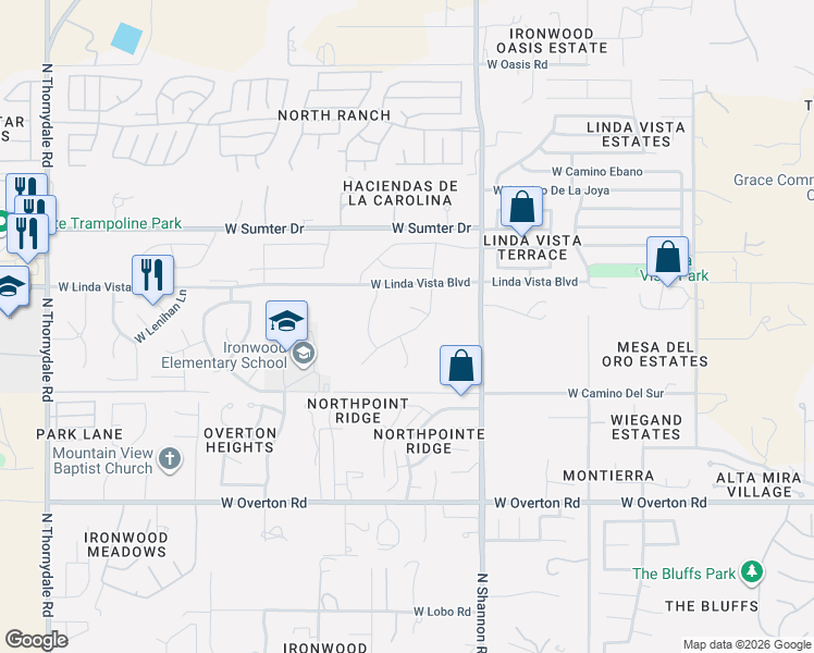 map of restaurants, bars, coffee shops, grocery stores, and more near 3050 West Willow Moon Trail in Oro Valley