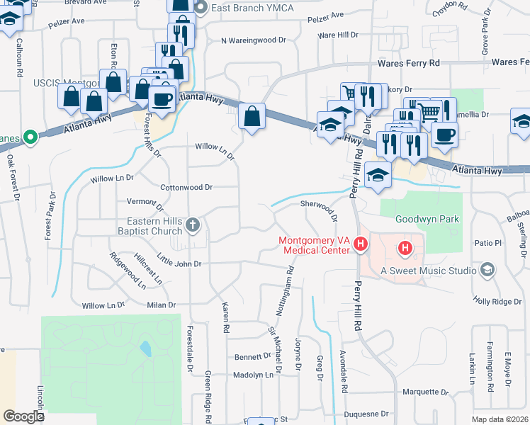 map of restaurants, bars, coffee shops, grocery stores, and more near 168 Nottingham Court in Montgomery