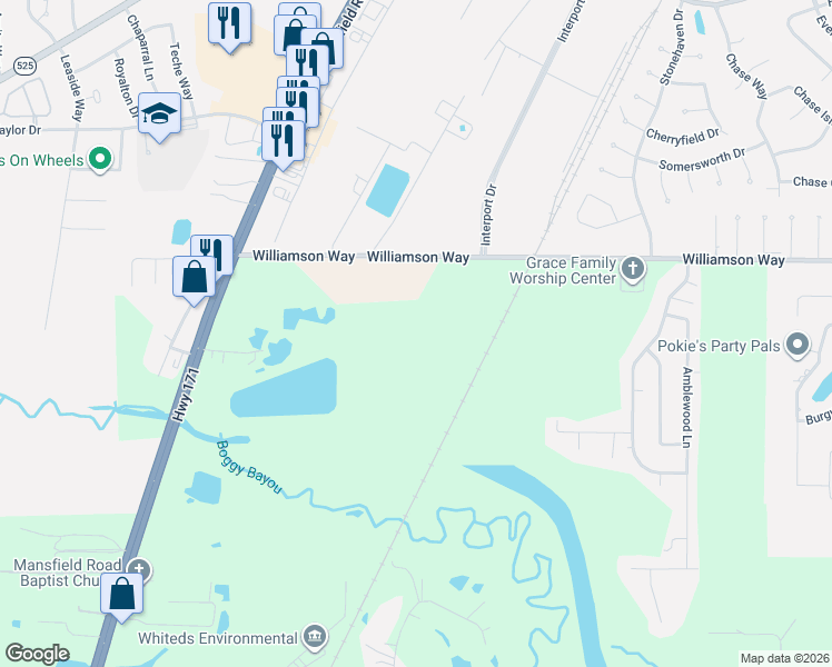 map of restaurants, bars, coffee shops, grocery stores, and more near 2903 Williamson Way in Shreveport
