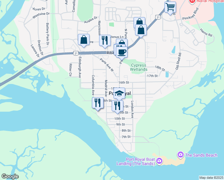 map of restaurants, bars, coffee shops, grocery stores, and more near in Port Royal