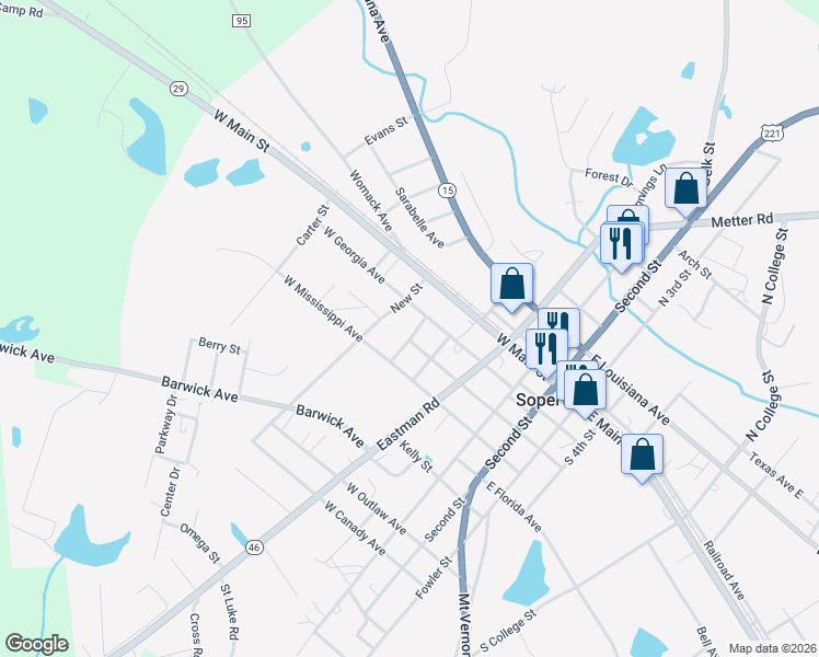 map of restaurants, bars, coffee shops, grocery stores, and more near 1462 West Alabama Avenue in Soperton
