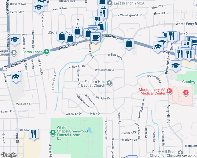 map of restaurants, bars, coffee shops, grocery stores, and more near 3421 Vermont Drive in Montgomery
