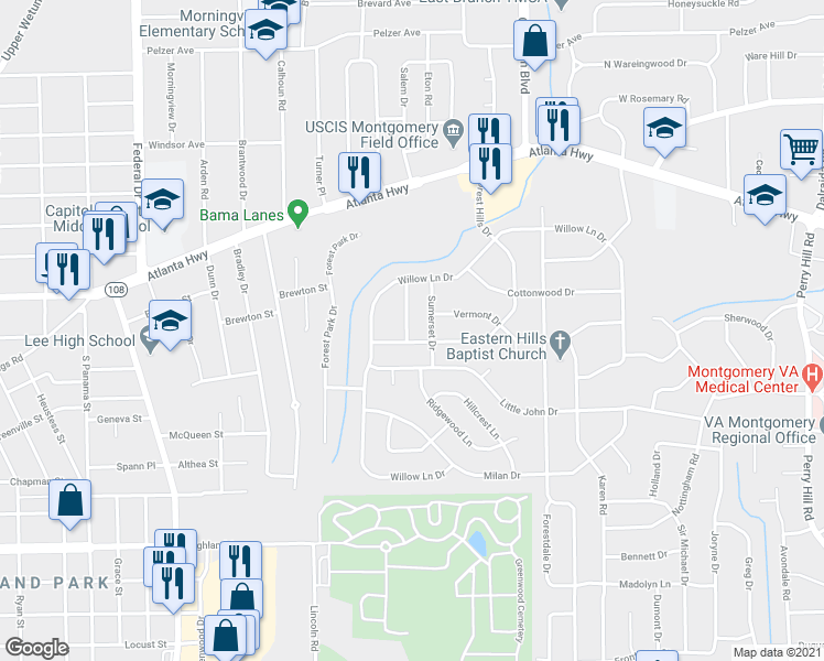 map of restaurants, bars, coffee shops, grocery stores, and more near 601 Forest Hills Drive in Montgomery