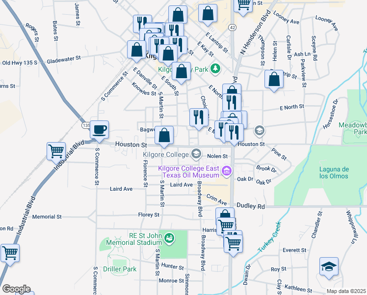 map of restaurants, bars, coffee shops, grocery stores, and more near 705 Nolen Street in Kilgore