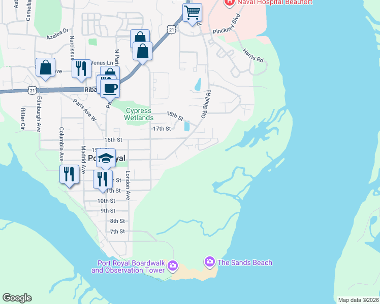 map of restaurants, bars, coffee shops, grocery stores, and more near 1 Lottery Lane in Port Royal
